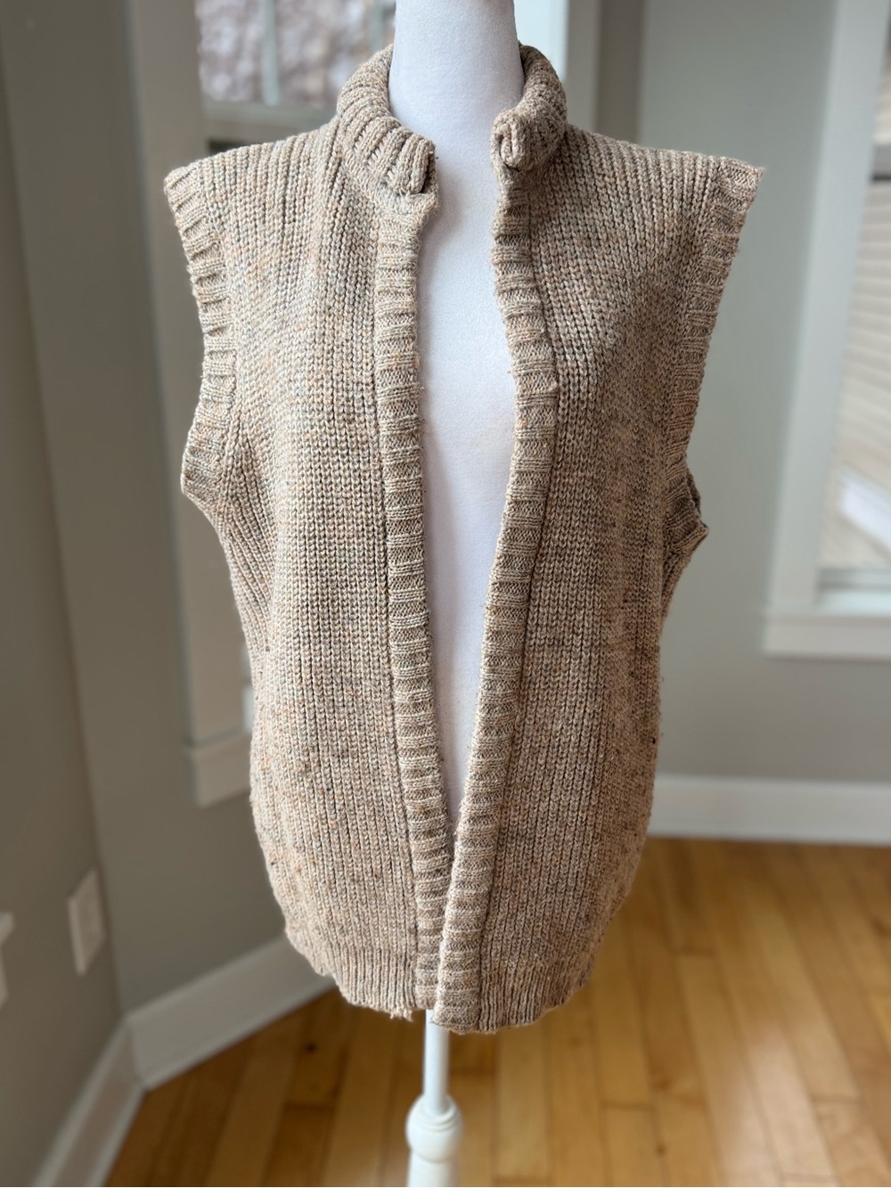 Vintage 90s Composition Taupe Tan Knit Sleeveless Cardigan Vest Sz 42 or Medium